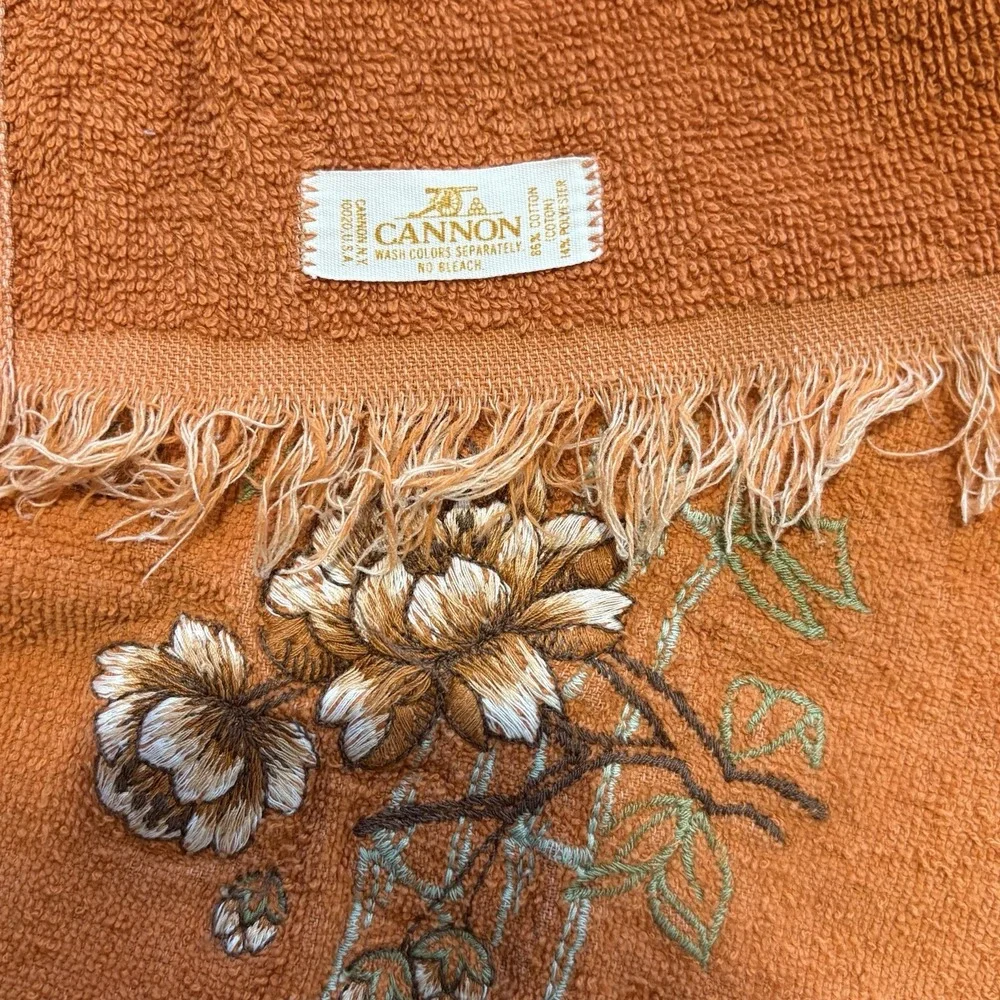 Vtg 1970s Cannon Hand Towel Fringe Embroidered Flowers MCM Orange Made USA